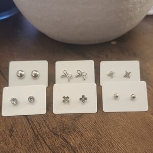 Silver Stud Earring Set - 6 Pairs